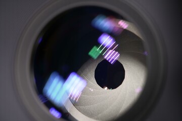 Closeup of professional 4K television zoom lens in news studio
