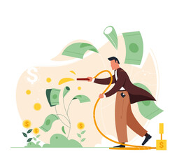 Business investment profit. Businessman growing money tree with coins, caring, making profit. Vector illustration for successful business. Income and earnings, investor strategy, financing concept.