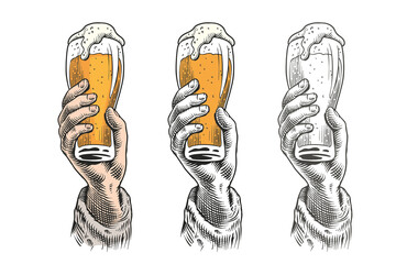 Заголовок	
Hand holding a beer glass. Color and monochrome versions. Vintage engraving or etching style vector illustration.