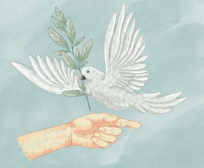 Hand and White Dove with olive leaf. Symbol of peace. Care and peace concept sign. Christian bird in flight. Retro illustration.