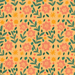 Floral pattern. Illustration with little flowers. Print with flowers and leaves for textiles, printing, clothing, packaging, decor and wallpaper. Seamless surfase design