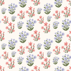 Floral pattern. Illustration with little flowers. Print with flowers and leaves for textiles, printing, clothing, packaging, decor and wallpaper.  Seamless surfase design