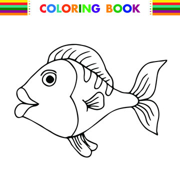 Hand drawn doodle fish . Underwater animal. Childish funny cartoon picture. Simple element with thick black stroke. Vector illustration isolated on white background.