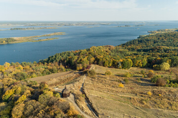 Autumn magnificent aerial panorama  view of Vitachov (Vytachov) on a  Dneper river, Ukraine.