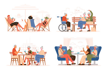 Set of older people playing cards. Playing cards on the beach, on the train, in the park and at home. Flat vector illustration.