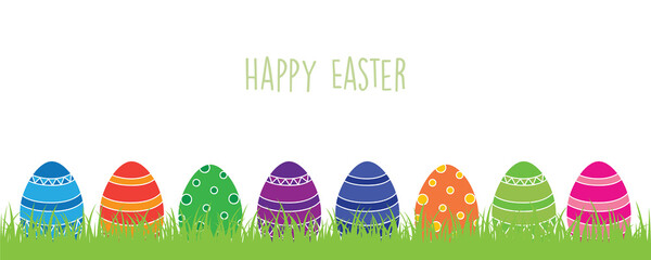 happy easter holiday banner design with pattern eggs on green meadow