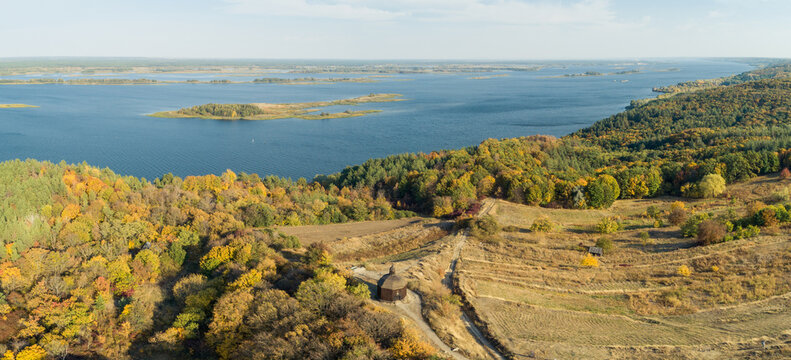 Autumn magnificent aerial panorama  view of Vitachov (Vytachov) on a  Dneper river, Ukraine.