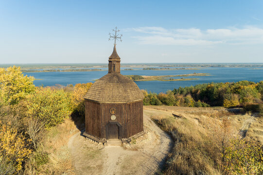 Autumn magnificent aerial panorama  view of Vitachov (Vytachov) on a  Dneper river, Ukraine.