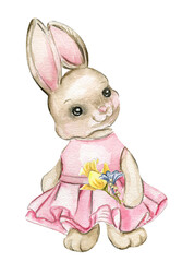 watercolor easter bunny rabbit , cake,  wooden, clock