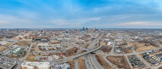 Drone picture of Kansas City skyline during sunrise