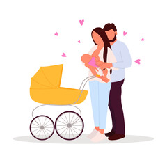 Mom and dad are walking with a baby in a stroller. Breastfeeding. Mom holding her newborn baby. Vector illustration