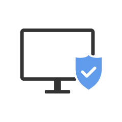 Computer and blue approval shield vector icon