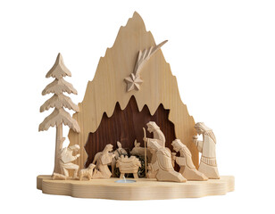 Isolated Christmas nativity scene with wooden figures. Mary, Joseph, shepherd and magi (three wise...