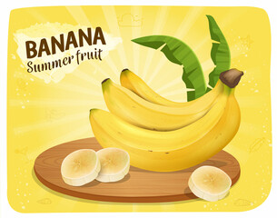 Bananas fruit vector illustration with banana slices and banana leaves on yellow background