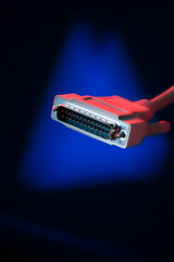 Printer cable with illuminated red color blue background