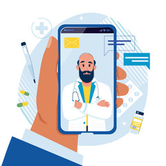 Online doctor appointment concept. Male doctor on the smartphone screen. Online medical support or consultation. Smiling man therapist chatting in messenger illustration in flat style. Ask a doctor.