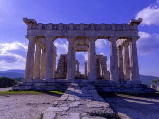 The main facade of the Temple of Aphaia (or Afaea) is  dedicated to the goddess Aphaia. Aegina island, Saronic gulf, Greece.