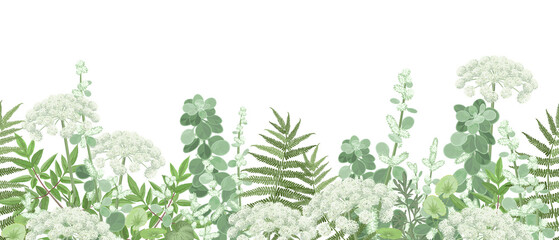 Meadow with forest plants and flowers, seamless vector panoramic illustration. - obrazy, fototapety, plakaty