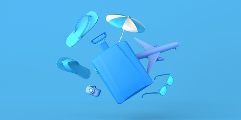 Summer vacation concept with suitcase, flip flops, sunglasses, airplane and beach umbrella. Travel. Copy space. 3D illustration.
