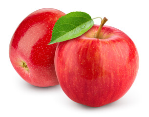 Red apple isolated. Two Apples with green leaf on white background. Red appl with clipping path....