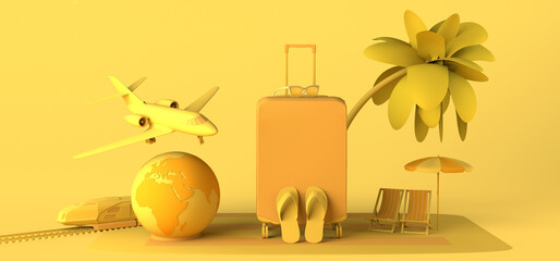 Travel concept with planet earth, airplane, sunglasses, flip flop, suitcase and umbrella. Copy space. 3D illustration.