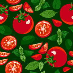 659_tomato_basil tomato, whole, slices, basil leaves on a white background, seamless pattern,