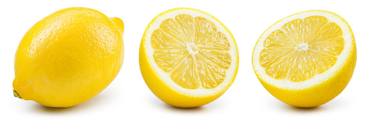 Lemon set isolated on white. Whole fruit and a half of lemons on white background. With clipping path. Full depth of field. - obrazy, fototapety, plakaty