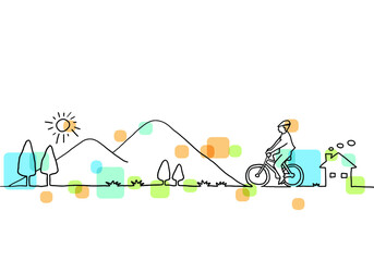 自転車に乗る人と田舎の風景　手描き線画