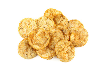 Pile of flavored rice and corn crispy snack isolated on white background. Dietary food