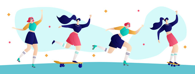 Roller skating girls with record player dancing illustration vector. Girl power concept poster. Summer time