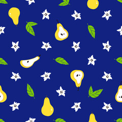 Seamless vector floral pattern with yellow pears and inflorescences, green leaves. Vector illustration on a blue background. Botanical print.