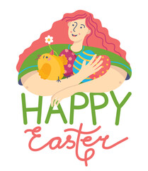 Happy Easter. Young woman holding Easter egg and chicken
