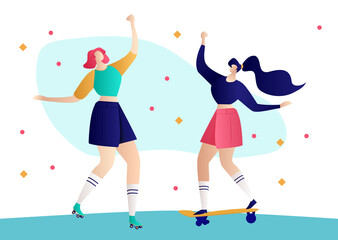 Roller skating girls dancing and chilling illustration vector. Girl power concept poster. Summer time