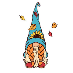 Cute gnome sunflower in hat. Fall Thanksgiving greeting graphic design. Viking gnome funny weaved mustache clipart. Autumn garden gnome clipart. Scandinavian elf tomte vector illustration. Cute print.