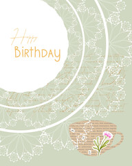 Happy Birthday card collage vintage style, flowers and lace doily, scrapbooking, for congratulations. Vector illustration