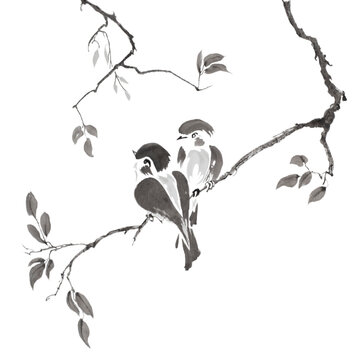 Couple of small birds in love (sitting on a tree branch, painted with ink on xuan (rice) paper, oriental style). Texture of paper and brush strokes - intact. Background`s been removed.	
