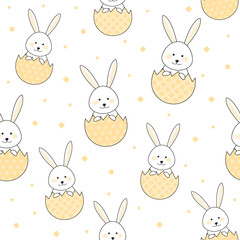 Smiley Easter bunnies and decorative eggs. Concept of a seamless pattern. Vector