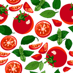 513_tomato_basil tomato, whole, slices, basil leaves on a white background, seamless pattern,
