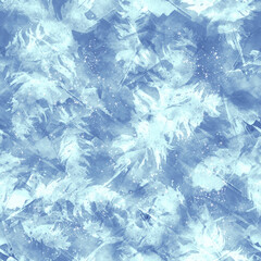 Seamless watercolor abstract background with beautiful blue, White feathers, autumn leaf drawings. Vintage illustration with an abstract  blue, White  paint glue. For textiles, material,wallpapers.