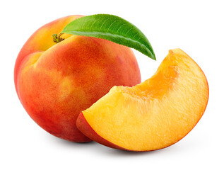 Peach isolated. Whole peach with slice on white background. Peach fruit with leaf cut out. With...