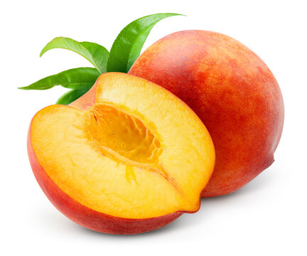 Peach Isolated. Whole Peach With A Half On White Background. Peach Fruit With Leaf Cut Out. With Clipping Path. Full Depth Of Field.