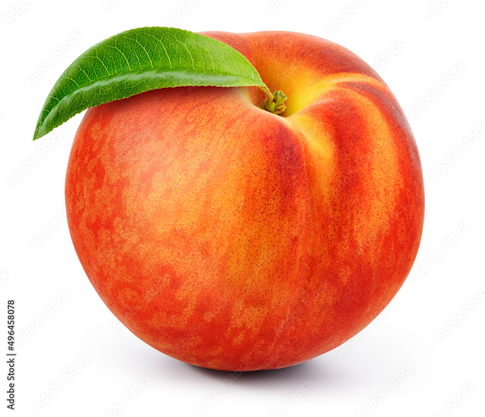 Wall mural peach isolated. peach with leaf on white background with clipping path. full depth of field.