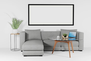 Room view with sofa, table and laptop and frames for filling content. A minimalistic concept, a modern flat in a light pastel color. 3D render, 3D illustration.