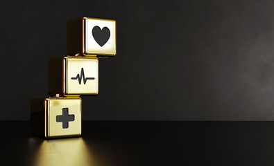 Dice with icons such as heart, cross, and health. The hierarchy of importance in the health of...