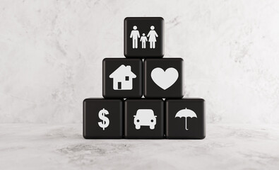 Cubes with icons such as family, home, heart, money. The hierarchy of importance in the life of every human being. Family and striving to be better. 3D render, 3D illustration.