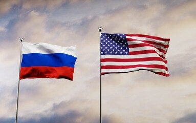 US and Russia flags flying in the sky. The concept of US talks with Russia, diplomatic problems. Conflict between the USA and Russia. 3D render, 3D illustration.