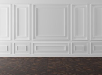 Classic wall, empty interior with wall panels and a wood, reflective floor. Modern minimalist interior with panels on the wall. 3D render, 3D illustration.