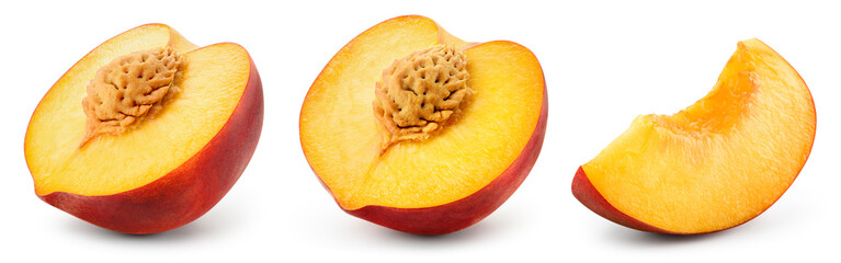 Peach isolated. Peach half and a slice on white background. Peach fruit cut out. Set with clipping...