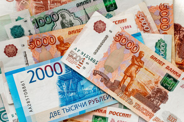 Russian currency.  Money of the Russian Federation. Banknotes.1000, 2000, 5000 rubles.