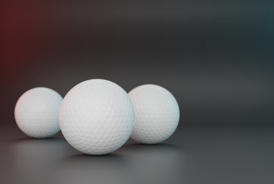 Golf balls on a gray background. Golf and sports concept. A couple of golf balls. 3D render, 3D illustration.